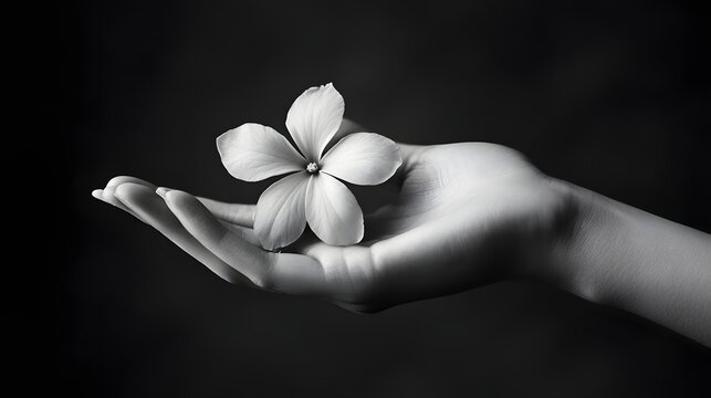 Photograph of a hand gently cradling a delicate white flower in shadow.