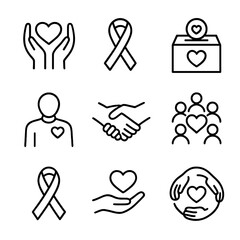 Heart Charity Icon Set. Outline icon set of heart charity and support: helping hands, ribbon, donation box, volunteer, handshake,