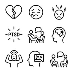 Fototapeta premium Psychological Trauma Icons. Outline icon set of psychological trauma: broken heart, crying face, stress, PTSD symbol, therapy