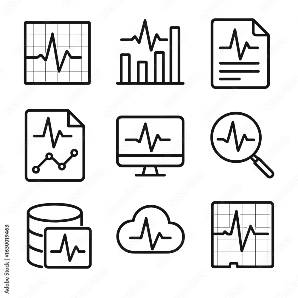Poster heartbeat monitor icon set. outline icon set of heartbeat monitor data analysis: graph chart, statis