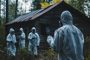 Decontamination crew in protective suits near abandoned cabin