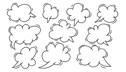 A set of empty speech bubbles in the form of pastels. Frames for dialogue bubble text in chalk pencil. Children's black and white drawing in the form of a cloud. Vector isolated illustration