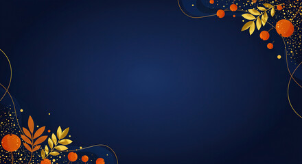 Elegant design with orange and gold elements on a deep blue background with copy space