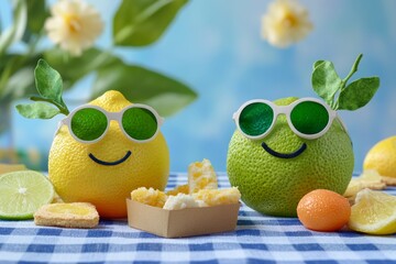 Cheerful lemons and limes with sunglasses on tablecloth