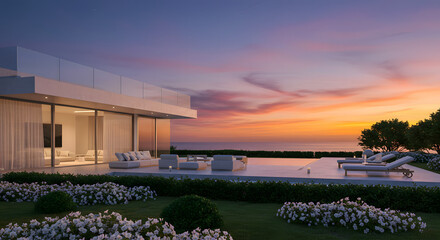 Fototapeta premium Luxury home with pool at sunset modern architecture real estate villa design exterior landscape beautiful view