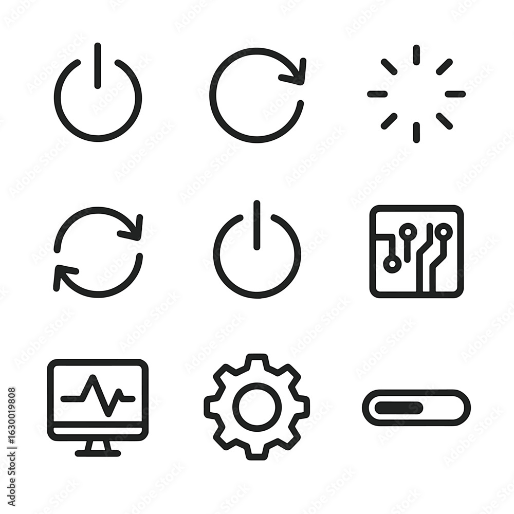Poster reboot icon set. outline icon set of reboot process: power button, refresh arrow, loading circle, re