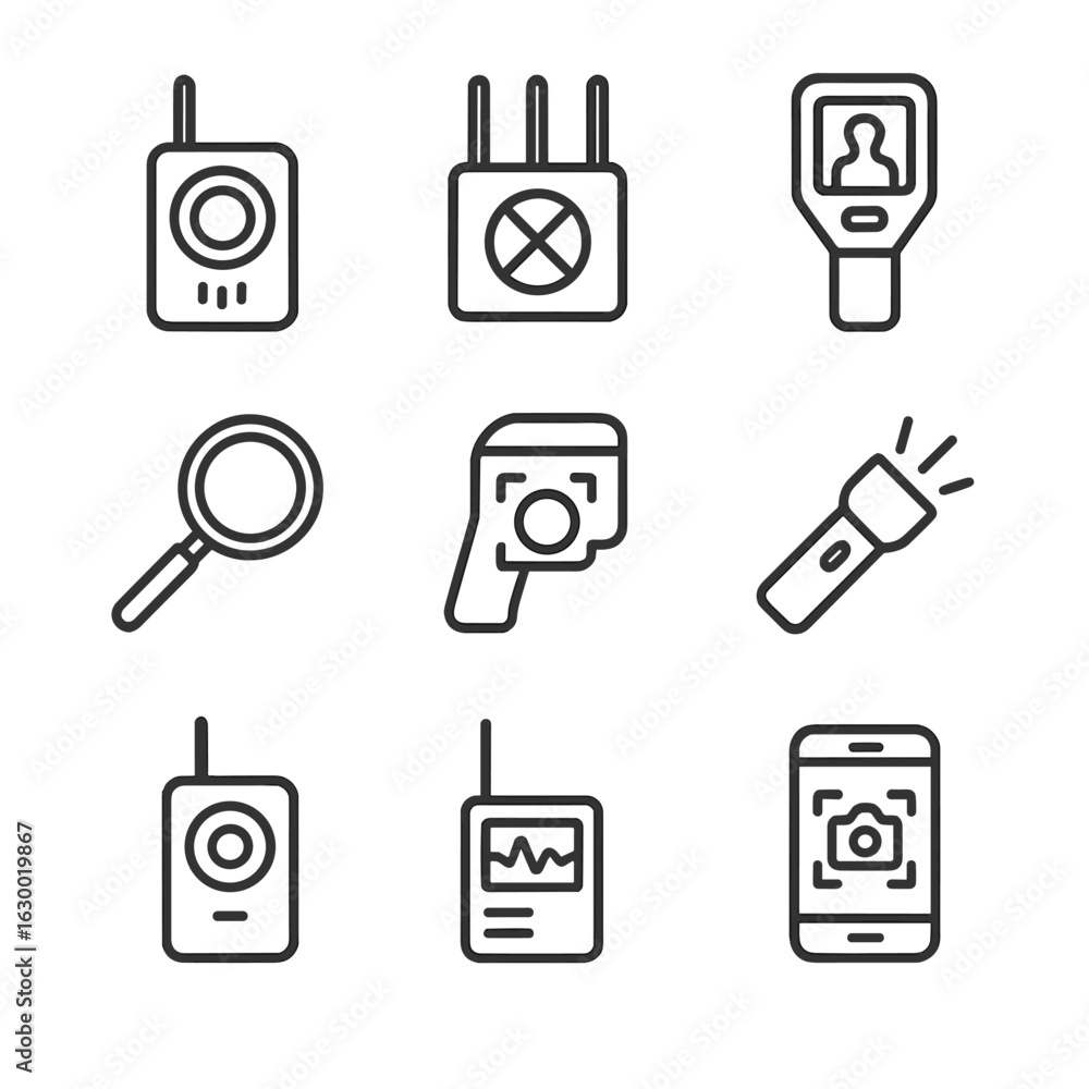 Poster hidden camera detection icons. outline icon set of hidden camera detection devices: rf detector, sig