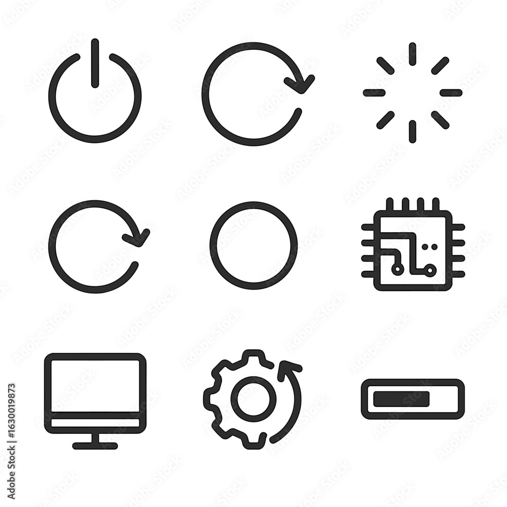 Poster reboot icon set. outline icon set of reboot process: power button, refresh arrow, loading circle, re