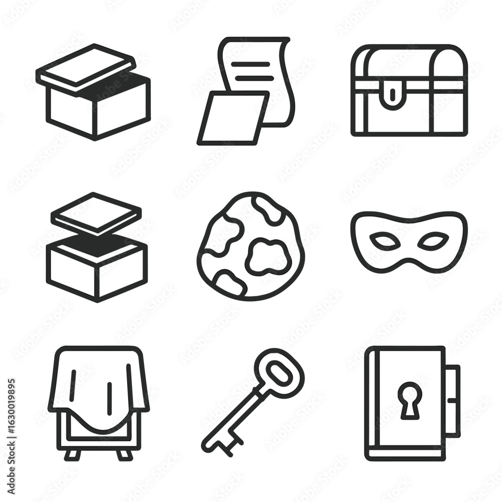 Poster hidden objects icons. outline icon set of hidden objects: concealed box, secret note, locked chest, 