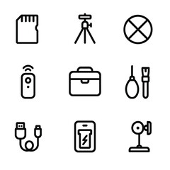 Hidden Camera Accessories. Outline icon set of hidden camera accessories: memory card, tripod, lens cover, remote control,