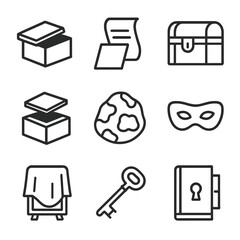 Hidden Objects Icons. Outline icon set of hidden objects: concealed box, secret note, locked chest, mystery box, hidden