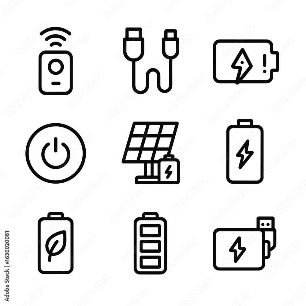 Poster remote shutter icon set. outline icon set of remote shutter battery and power: battery pack, chargin