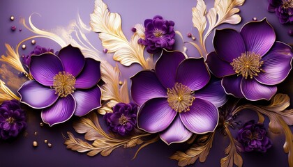 colors blend beautifully in this artwork showcasing purple flowers with hints of black and gold metallic detailing evoking a sense of elegance