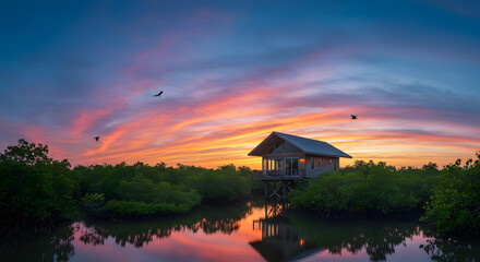 Fototapeta premium Sunset cabin reflection landscape nature sky water birds tranquil evening peaceful scenery beauty