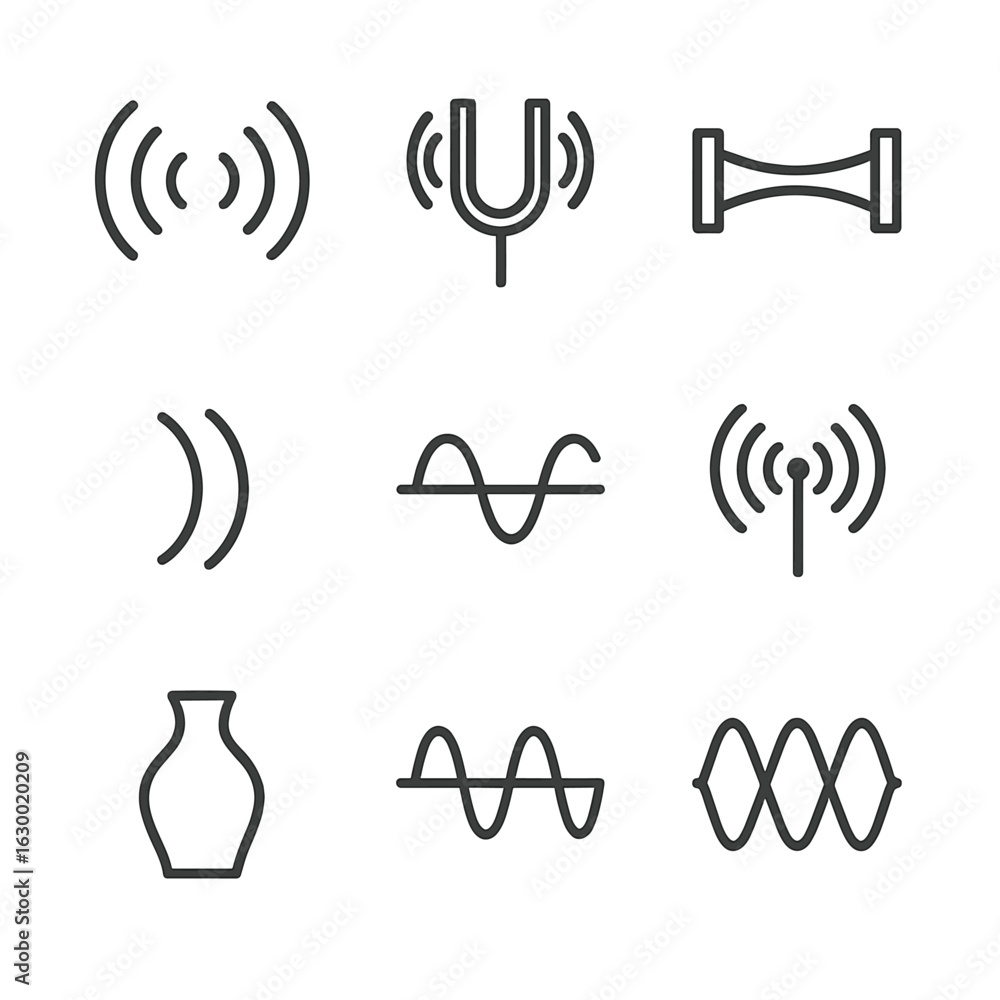 Poster resonance icons grid. outline icon set of resonance concepts: sound waves, tuning fork, vibrating st