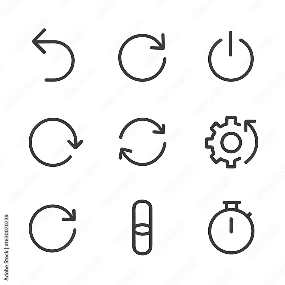 Poster reset utility icons. outline icon set of reset utilities: undo arrow, restart icon, power button, ci