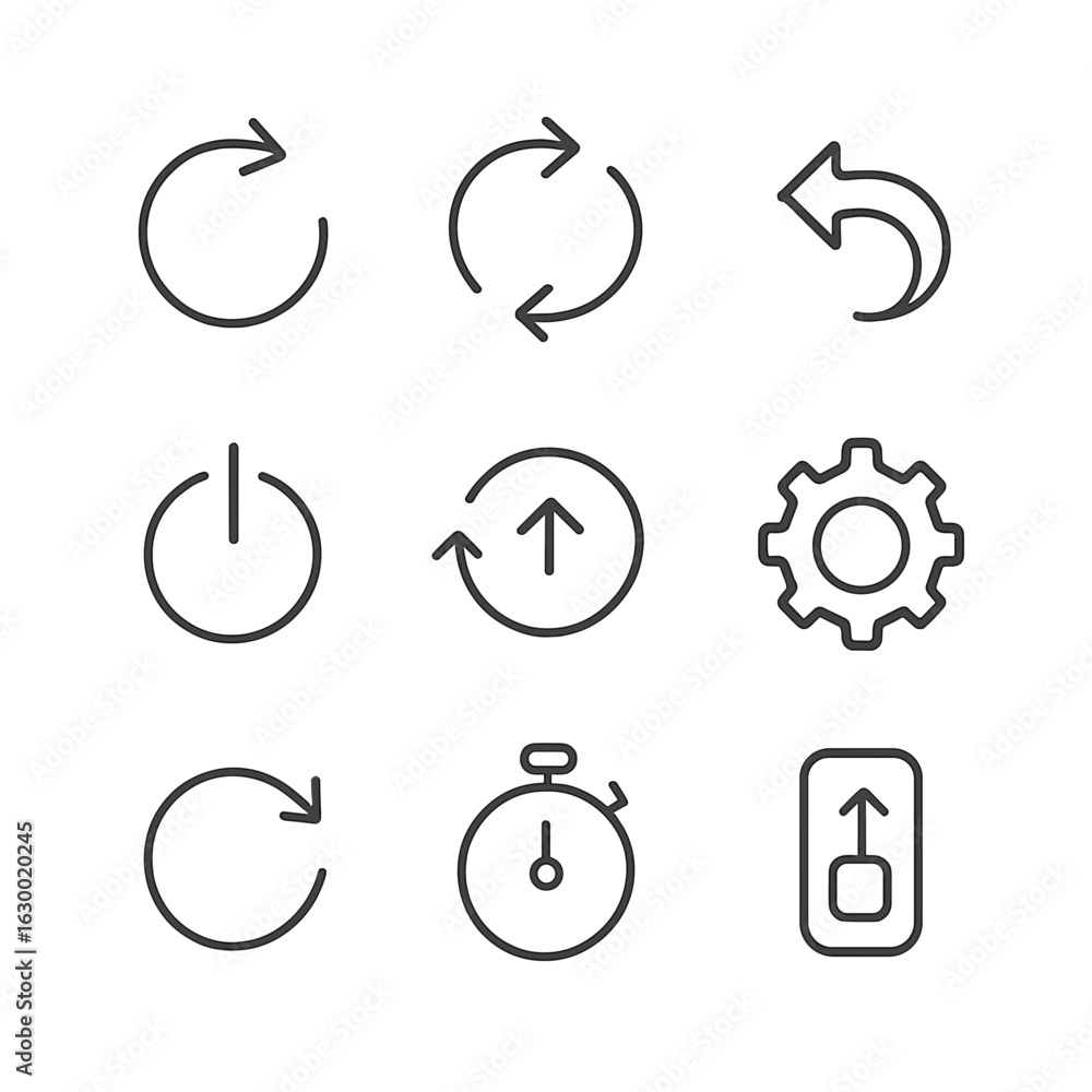 Poster reset icon set. outline icon set of reset symbols: circular arrow, refresh icon, undo arrow, power b