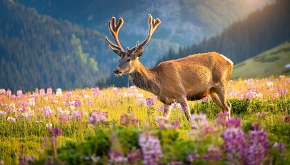 majestic deer grazing in a beautiful meadow surrounded by colorful wildflowers