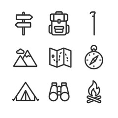 Hiking Essentials Icons. Outline icon set of hiking navigation: trail marker, backpack, walking stick, mountain, map, compass,