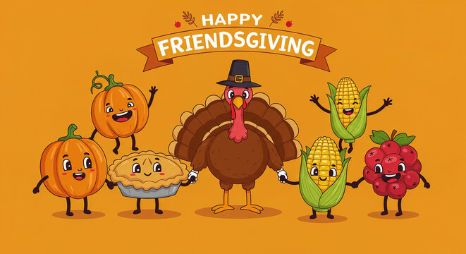 Friendsgiving celebration with cute cartoon characters and festive elements - Powered by Adobe