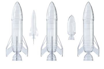 Collection of starship rockets and starlink satellites isolated on transparent background. Transparent glass rocket models in various angles, 3D Rendering.