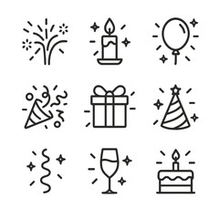 Celebration Icon Set. Outline icon set of shine in celebrations: sparkling fireworks, shining candle, glowing confetti, radiant