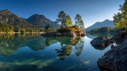 Fototapeta premium Serene panorama of a mountain lake reflecting vibrant skies and lush trees