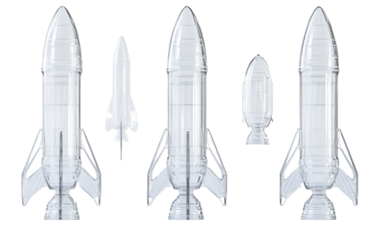 Collection of starship rockets and starlink satellites isolated on transparent background. Transparent glass rocket models in various angles, 3D Rendering.