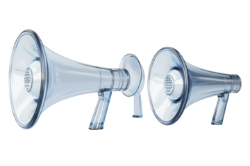 Collection of silver megaphones isolated on transparent background. Transparent megaphones in various angles on a white background, 3D Rendering.