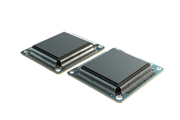 Two computer processors isolated on transparent background. Two computer processor chips shown from different angles isolated on a white background, 3D Rendering.