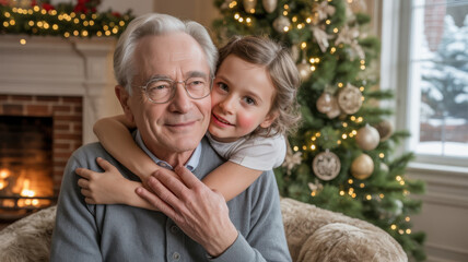 Loving granddaughter hugs her happy grandfather by a warm fireplace and decorated christmas tree