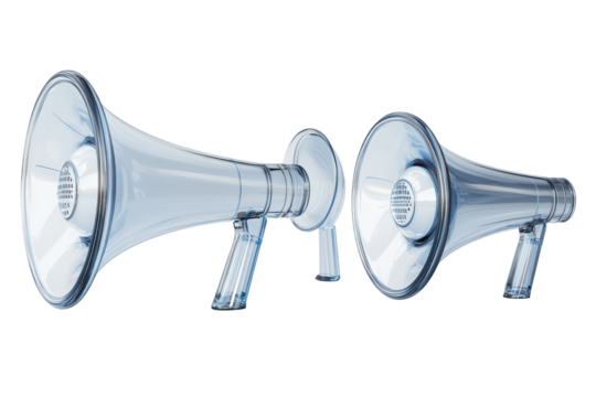 Collection of silver megaphones isolated on transparent background. Transparent megaphones in various angles on a white background, 3D Rendering.