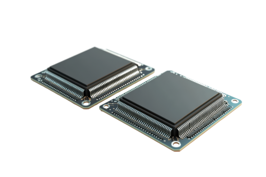 Two computer processors isolated on transparent background. Two computer processor chips shown from different angles isolated on a white background, 3D Rendering.