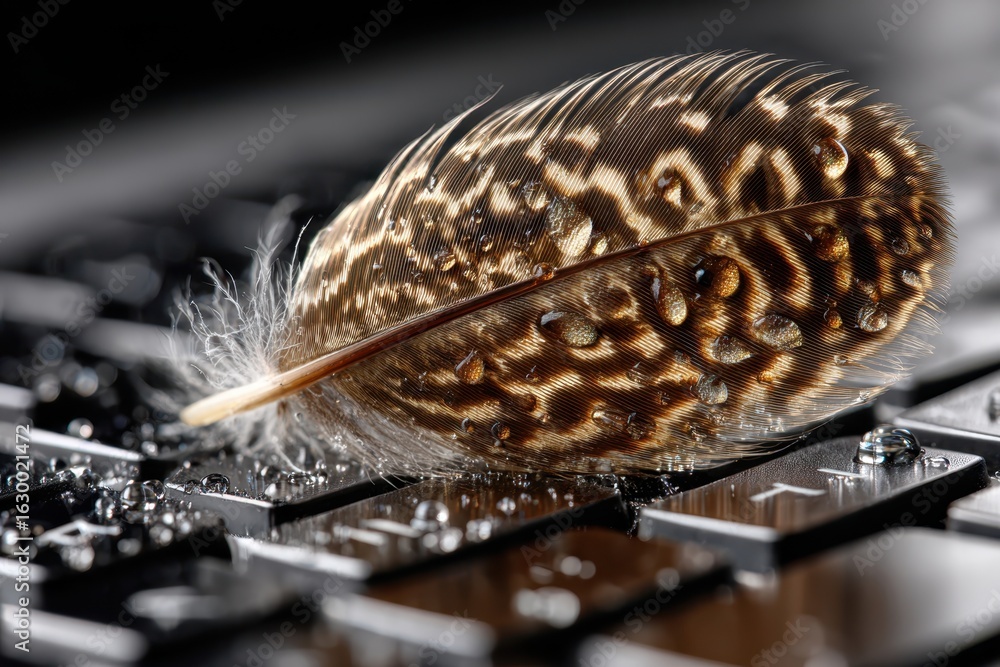 Poster close-up of a feather resting on a wet keyboard with droplets glistening in soft light