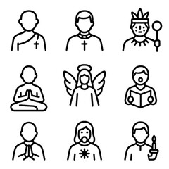 Sanctuary Icons Grid. Outline icon set of sanctuary figures: monk, priest, shaman, meditation master, angel, worshipper, choir