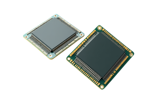 Two computer processors isolated on transparent background. Two computer processor chips shown from different angles isolated on a white background, 3D Rendering.