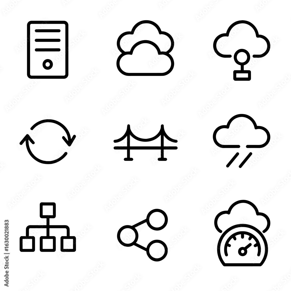 Poster hybrid cloud icon set. outline icon set of hybrid cloud: on-premise server icon, multi-cloud symbol,