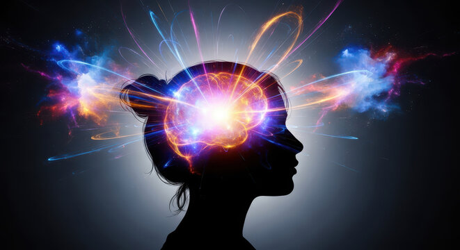  silhouette of a womans head with colorful, vibrant energy and light exploding from her brain, symbolizing creativity and thought