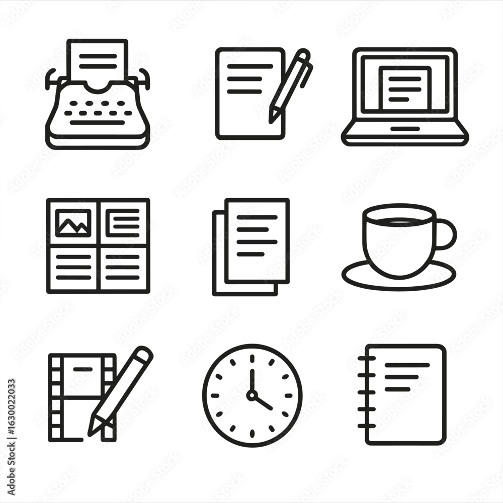 Poster scriptwriting tools icon set. outline icon set of scriptwriting tools: typewriter, pen and paper, la