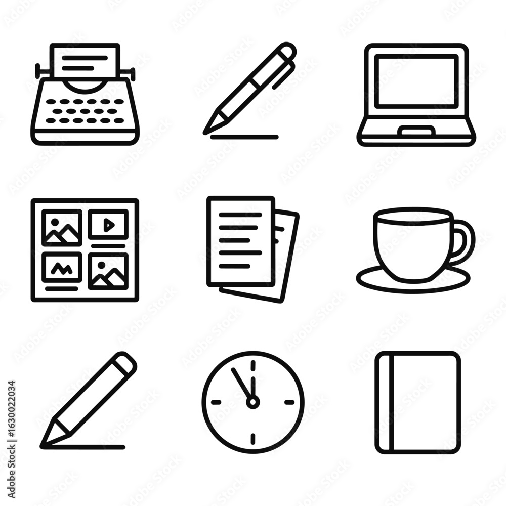 Poster scriptwriting tools icon set. outline icon set of scriptwriting tools: typewriter, pen and paper, la