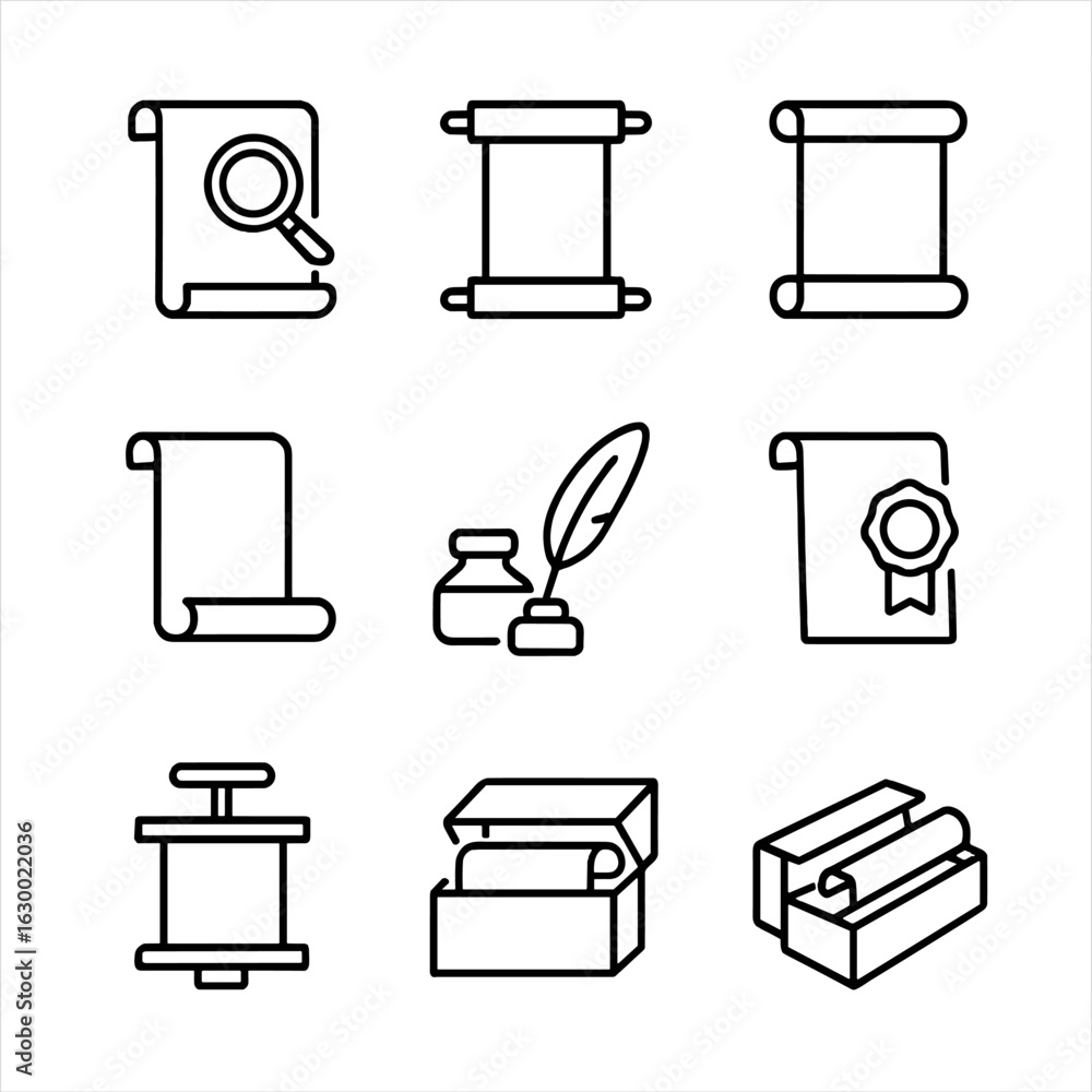 Poster scroll tool icons. outline icon set of scroll tools: magnifying glass on scroll, scroll holder, scro