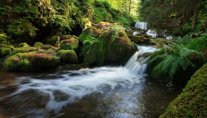 Obraz premium a scenic view of a small waterfall cascading into a stream surrounded by lush green vegetation and rocks