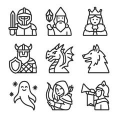 Ice Castle Inhabitants. Outline icon set of ice castle inhabitants: frozen knight, crystal mage, snow queen, icy guard, frost