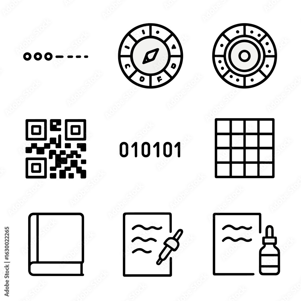 Poster secret code icons. outline icon set of secret codes: morse dots, caesar wheel, cipher disk, enigma r