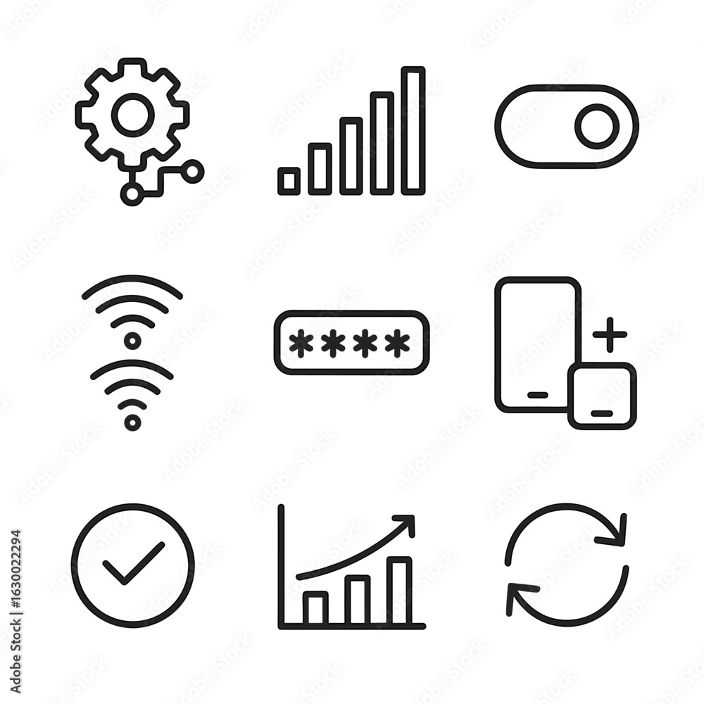 Poster connectivity icon set. outline icon set of connectivity user interfaces: network settings, signal ba