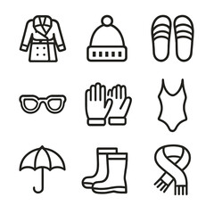 Seasonal Fashion Icons. Outline icon set of seasonal fashion: trench coat, beanie, sandals, sunglasses, gloves, swimsuit, umbrella
