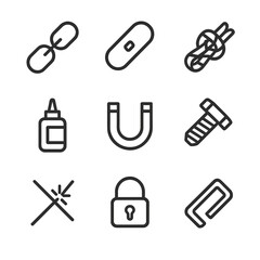 Connection Icon Set. Outline icon set of physical bonds and connections: chain, link, rope knot, glue bottle, magnet, bolt, weld,