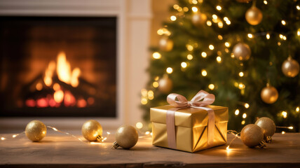 Cozy christmas scene with a glowing fireplace and a beautifully decorated tree with gifts