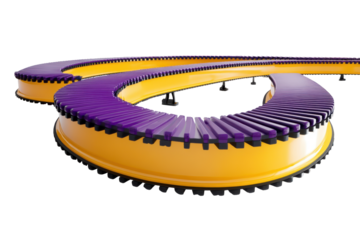Curved yellow and purple industrial conveyor belt isolated on transparent background. Yellow and purple conveyor belt isolated on a white background, 3D Rendering.