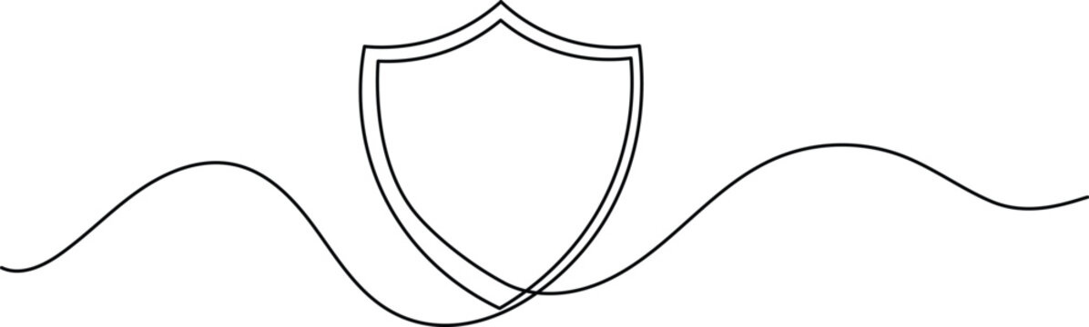 Continuous one line drawing of security shield with a padlock. Symbol for protection, privacy, and cybersecurity